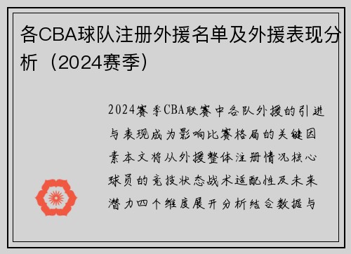 各CBA球队注册外援名单及外援表现分析（2024赛季）